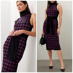 Toccin Peggy Sleeveless Plaid Knit Midi Dress Tie Waist XL Purple Multi